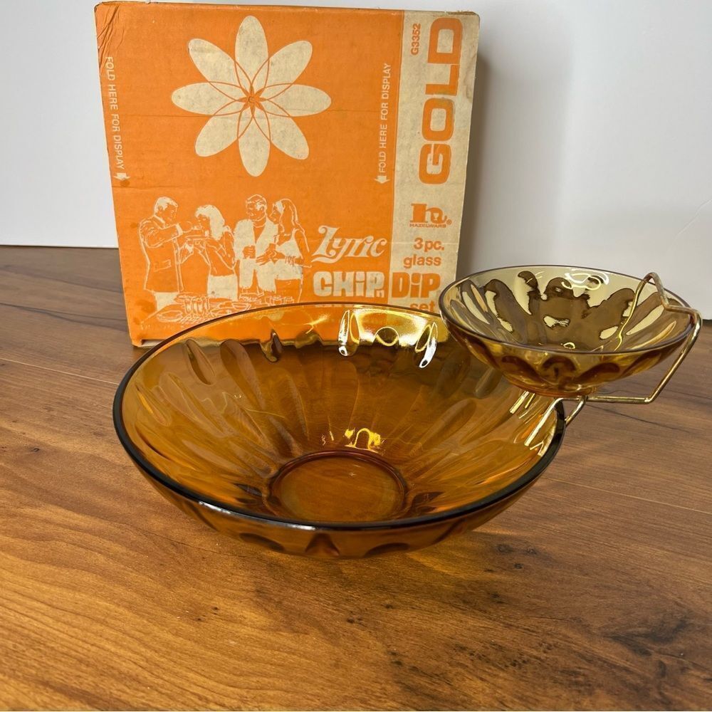 3Pc CHIP'n'DIP Set ~ HazelWare from Lyric Gold / Amber GLASS ~ Vtg MCM